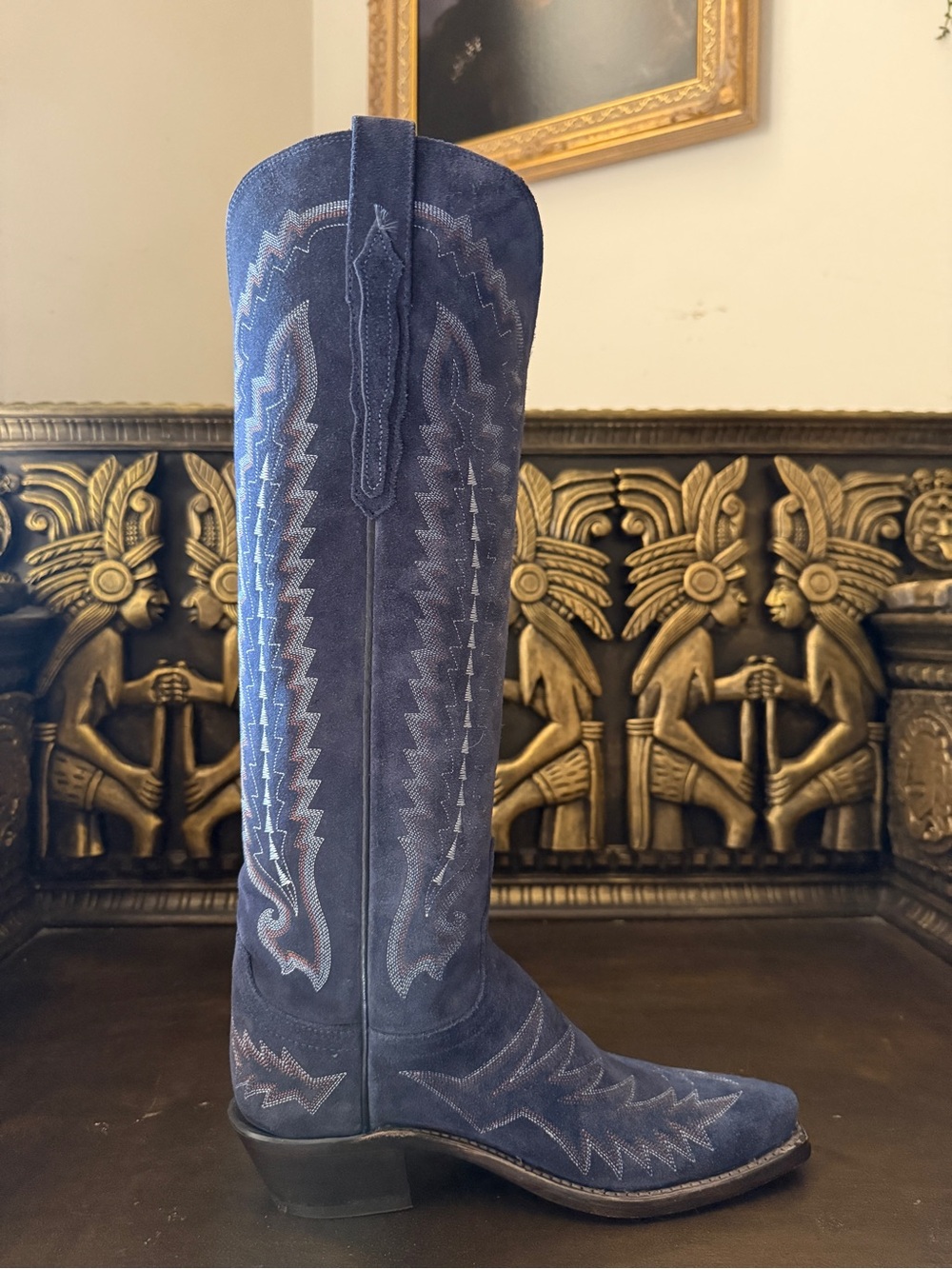 Lucchese Rodeo Exclusive Blazer Navy Blue Suede Tall Western Heeled Boots Sz 7 - Picture 5 of 10